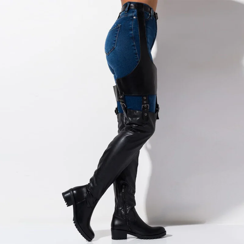 2024 Size 46 Low Heels Belt Thigh High Boots Fashion Women Shoes Pu Leather Over The Knee Boots Catwalk Shoes