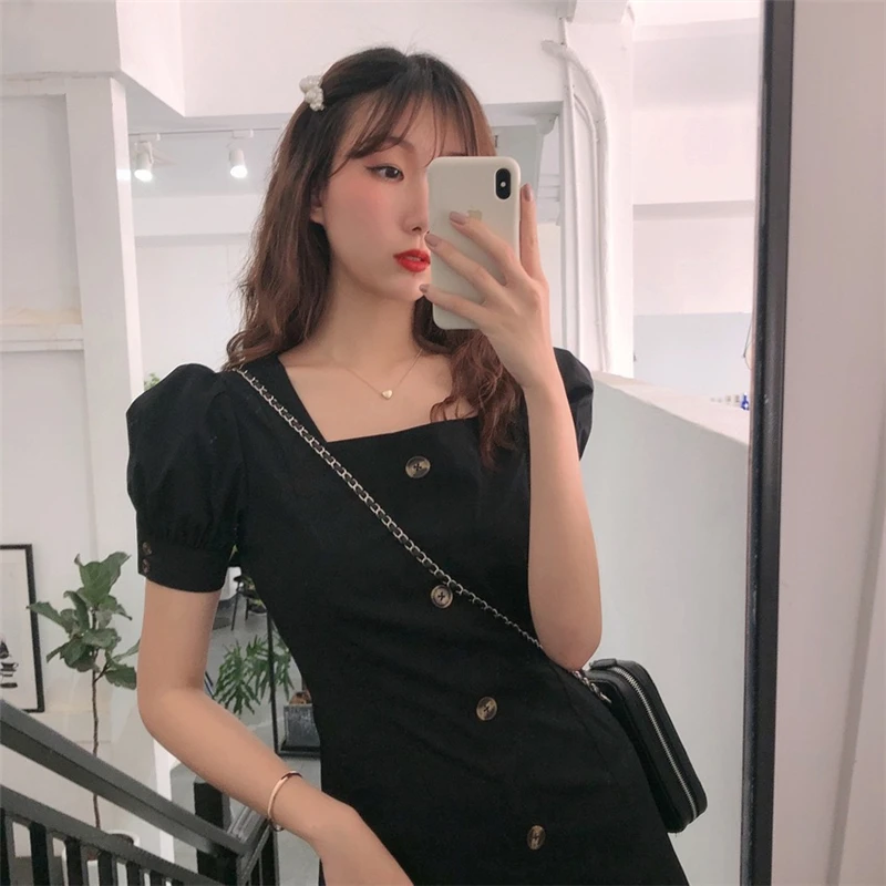 

LME NEW Spring Summer French Retro Single-Breasted Square Collar Women Dress Ladies Sweet Student Short Sleeve Mini Skirt Slim