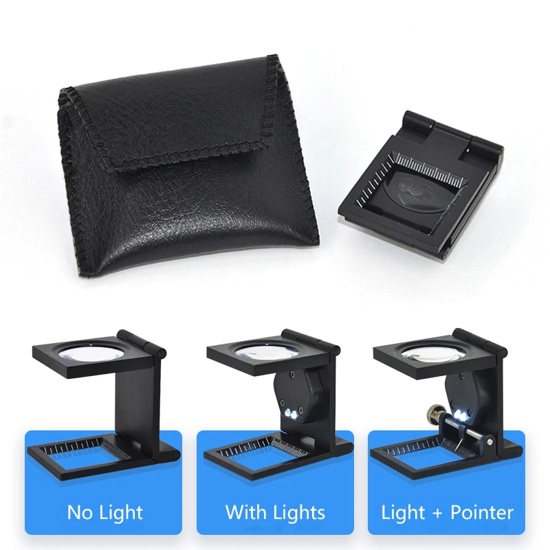 Imagem -06 - Microscópio Lupa Dobrável Stand Loupe com Escala Têxtil Óptico Mini Ferramenta de Lupa Dobrável 28 mm 10x 1pc