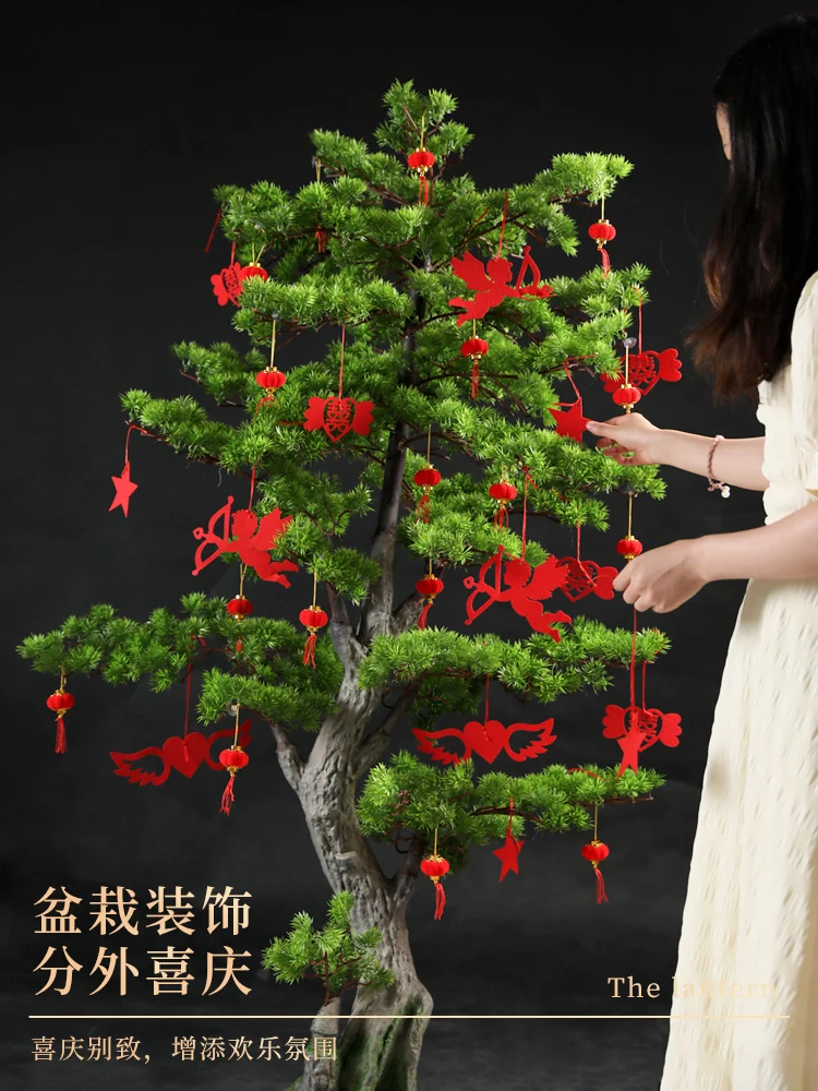 Knot products Flocking small lanterns hanging red outdoor indoor tree bonsai decoration mid autumn festival scene layout