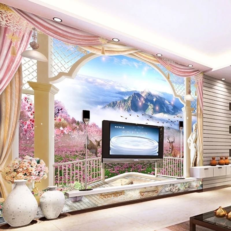 

Custom 3D Photo Wallpaper Murals Romantic Garden Style Outside The Window Living Room Decor Mural Wall Cloth Papel De Parede 3d