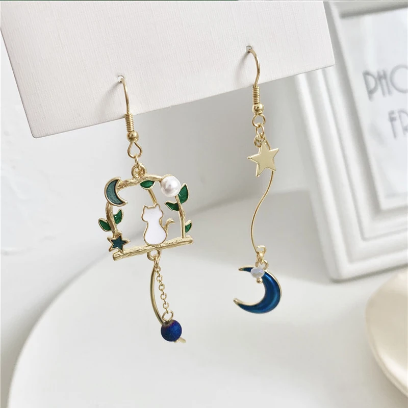 Fashion Moon Stars Cute Animal Cat Asymmetric Earring Sweet Flowers Kitten Fan Tassel Pendant Earrings Girl Temperament Jewelry