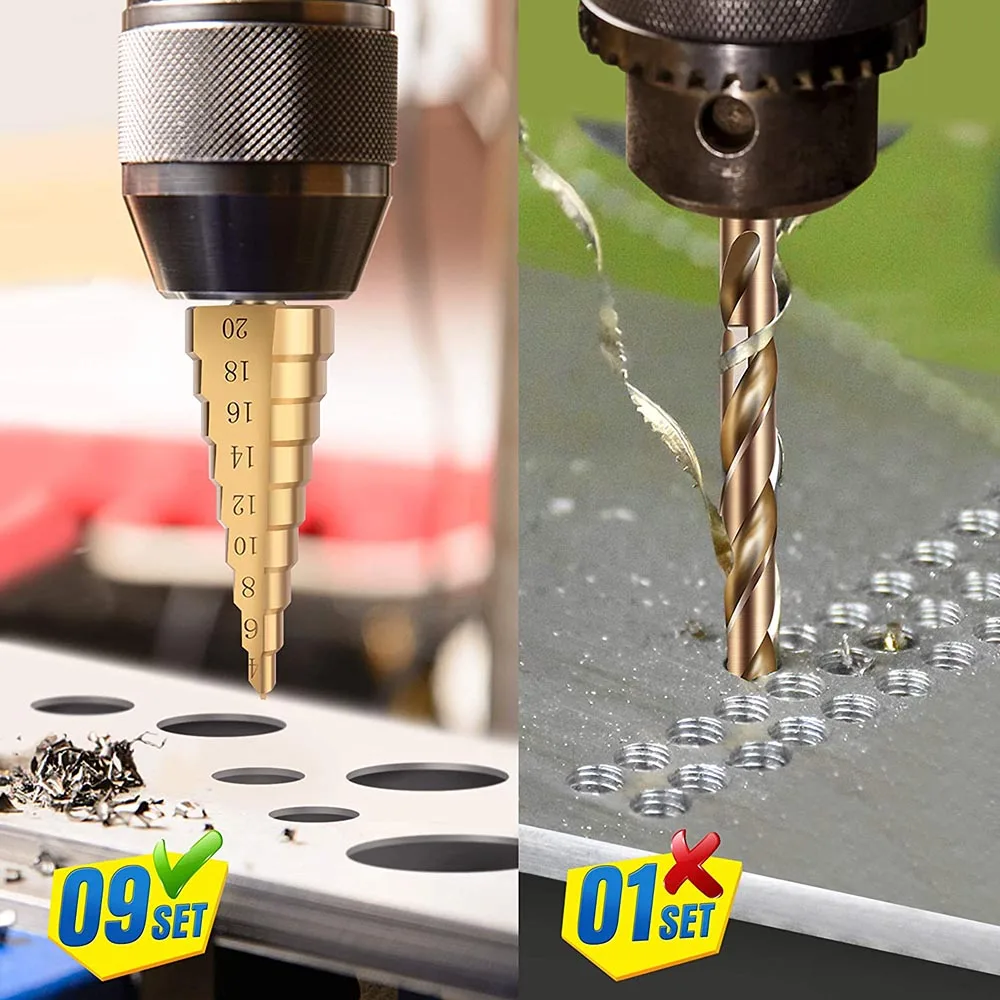 Broca escalonada recubierta de titanio, 4-12, 4-20, 4-32 HSS, herramientas eléctricas de perforación, cortador de agujeros de madera de acero de