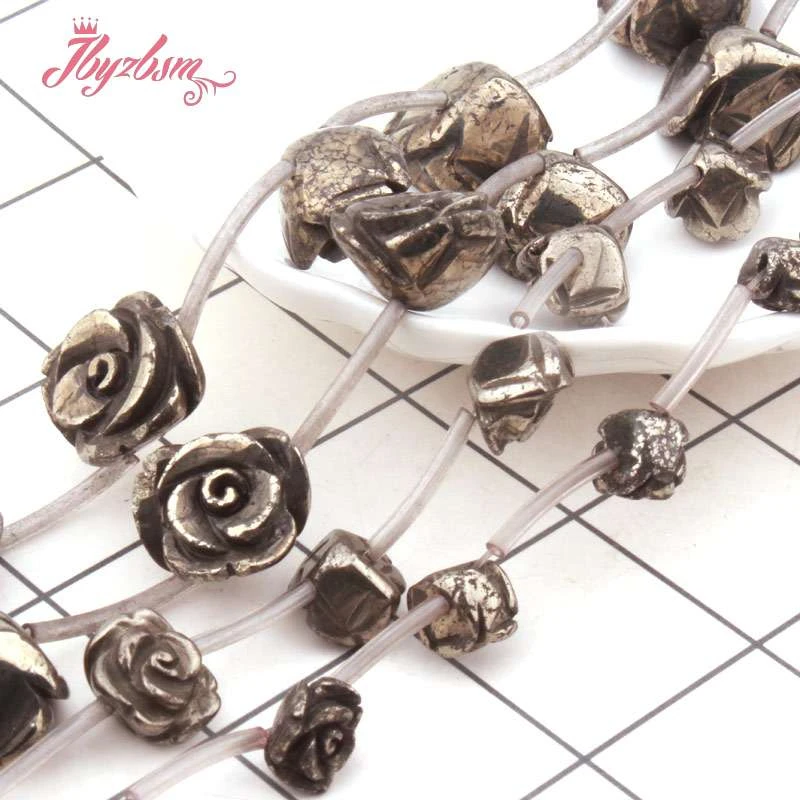 Carved Rose Flower Pyrite Natural Stone Beads for DIY Accessories Charms Pendant Necklace Bracelet Rings Jewelry Making 15