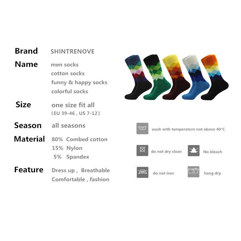 5 Pairs/Lot Men Funny Socks Colorful Happy Casual Dress Fashion Socks Classic Diamond Hip Hop Combed Cotton Compression Socks