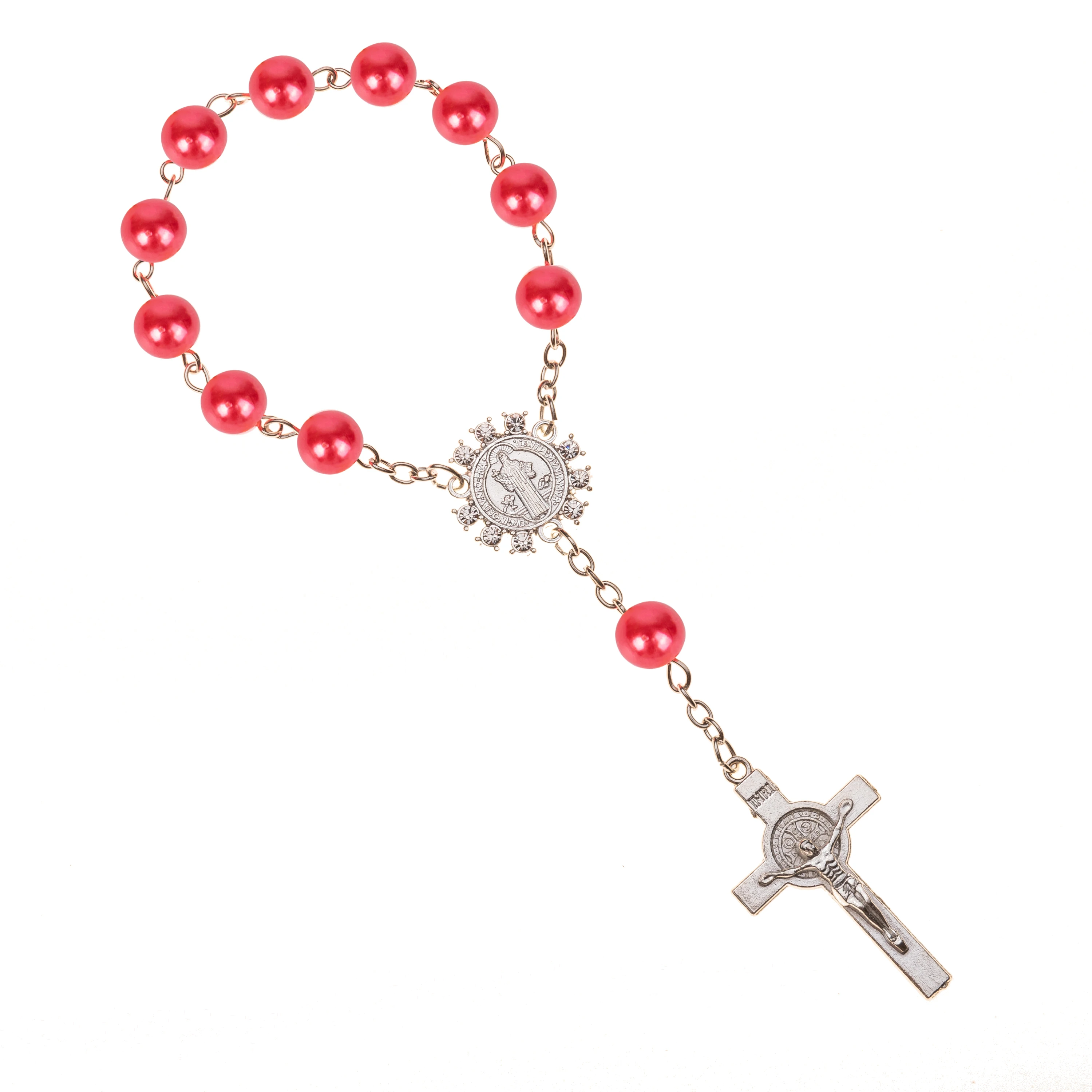 10pcs Imitation Pearl Beads Catholic Rosary Catholic Holy Communion silver color Wings Crucifix Pendants Cross Bracelet gift