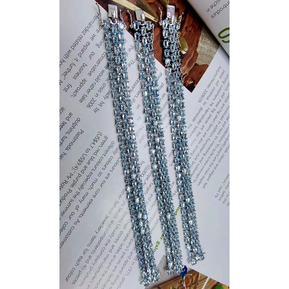 Luomansi 92 Natural Blue Topaz Three Row Bracelet 17 19CM 100%-S925 Sterling Silver Jewelry Anniversary Party Gift