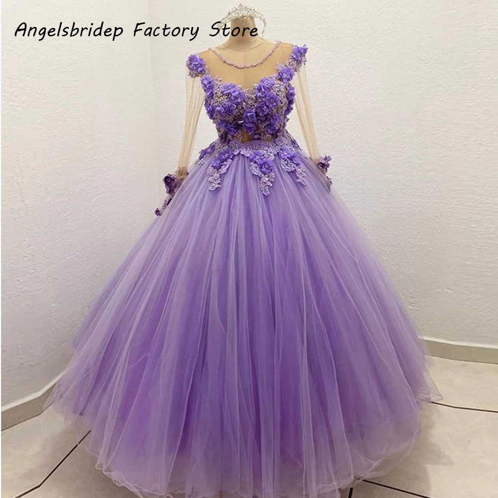 Angelsbridep księżniczka tiulowa sukienka balowa Quinceanera sukienki moda zroszony 3D kwiaty słodka 15 16 sukienka na studniówkę rękawy Robe De Bal