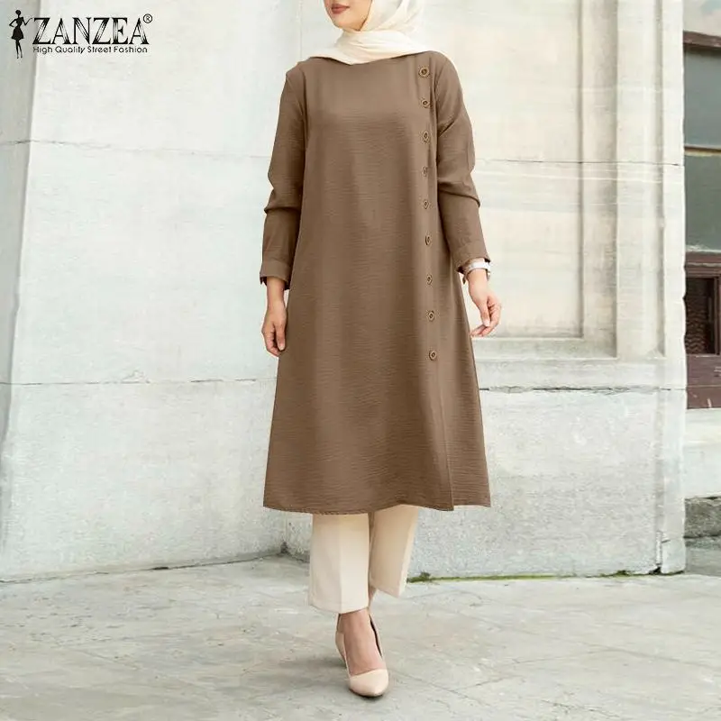 Женская мусульманская блузка ZANZEA с длинным рукавом, повседневные женские топы, туника, блузы, свободная рубашка, марокканская Турецкая Однотонная рубашка
