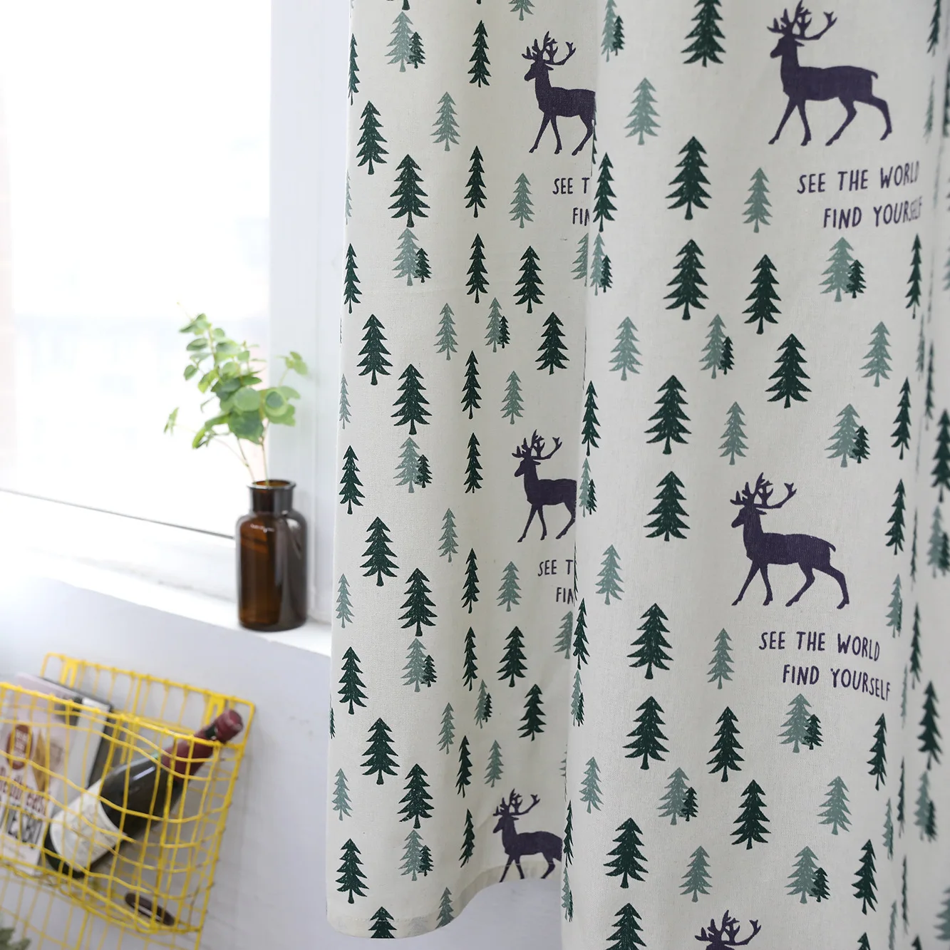 American Country Christmas Tree Elk Print Partition Curtain Thickened Cotton Linen Semi-shading Fabric Grommet Top Processing