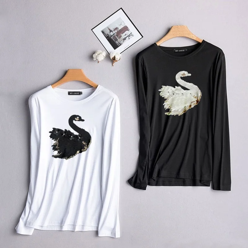 2021 Summer Women Casual Embroidered T Shirts 3D Black Swan Beading Full Sleeve Tees Feminino Woman Solid Leisure T-shirt Tops