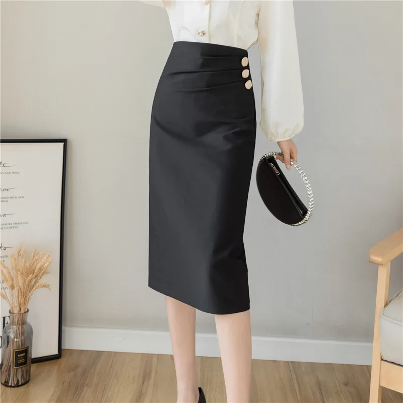 

2021 New Fashion Button High Waist Pencil Skirt Women Spring Summer Formal Black Midi Skirt Lady Elegant Package Hip Skirts