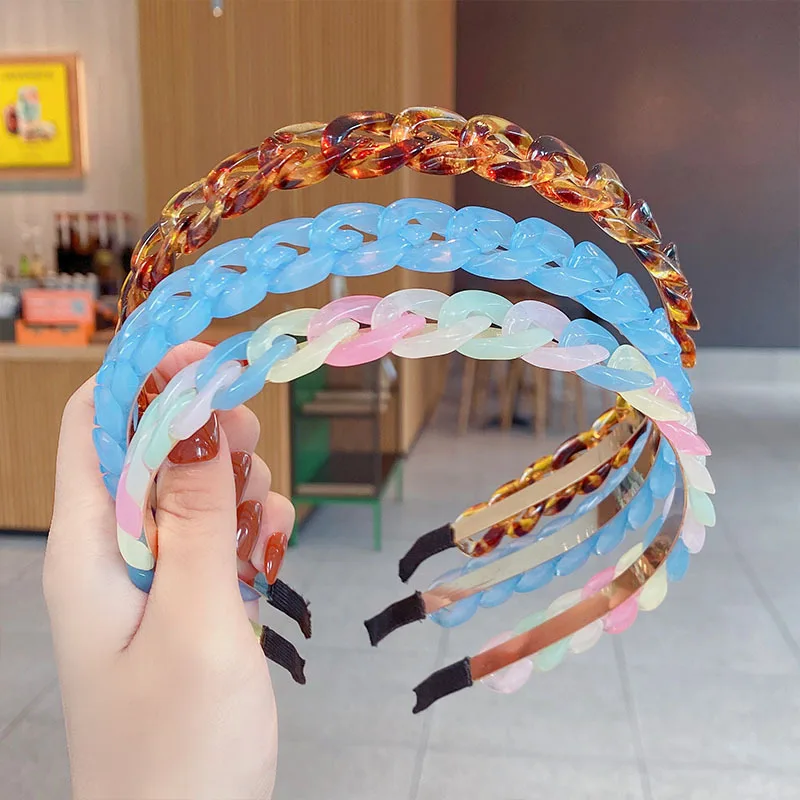 New Fashion Fine All-match Resin Pearl Sweet Candy Color Chain Hair Band Headband for Women Girl Accessories Headwear