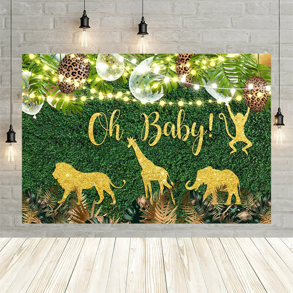 Avezano Oh Baby Wild Animal Photography Backdrops Tropical Green Leaves Wall Balloon Flash Light Baby Shower Background Decor