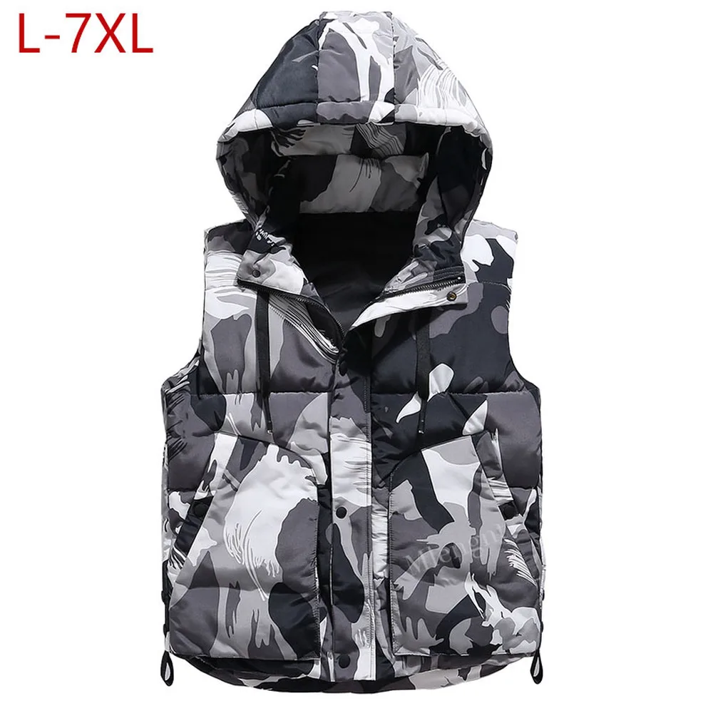 

7XL Spring Winter Warm Hat Detachable Men Vest Sleeveless Casual Camouflage Jacket Coat for Men Unisex Waistcoat Plus Large Size