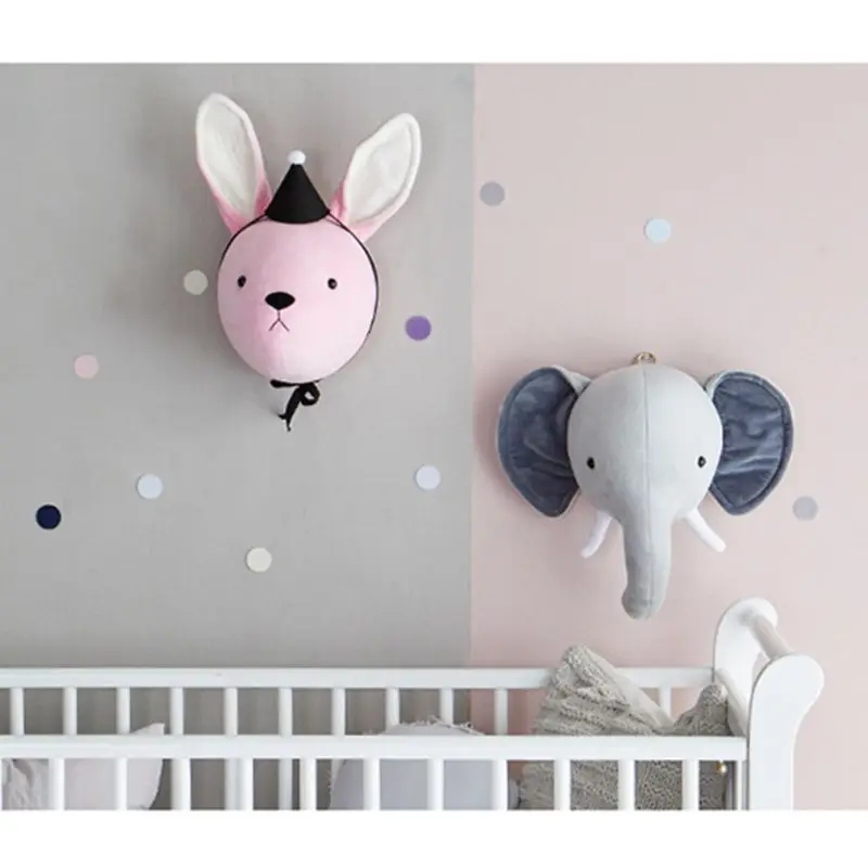 Boneco de pelúcia de elefante, boneco de pelúcia fofo de coelho para parede, cabeça de animal para quarto infantil, brinquedo decorativo de jardim de infância