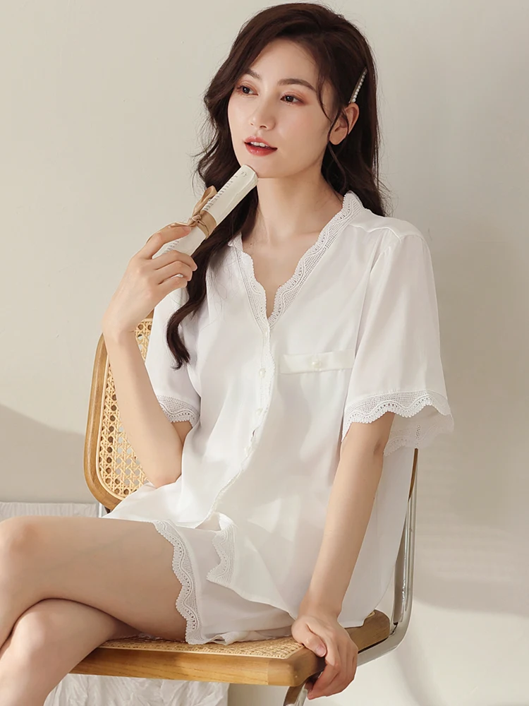 

2021 New Women's Pajamas Ice-silk Satin Sleepwear Summer Short Set White Pyjamas Femme Thin Nightwear V-neck Pijama Home Clothes