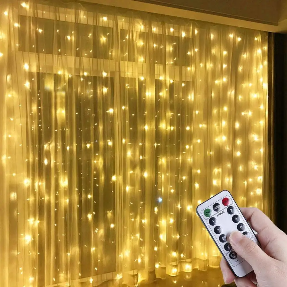 Guirnalda de cortina LED con Control remoto, luz de cortina de festón de hadas USB, decoraciones navideñas para el hogar, 3x3m