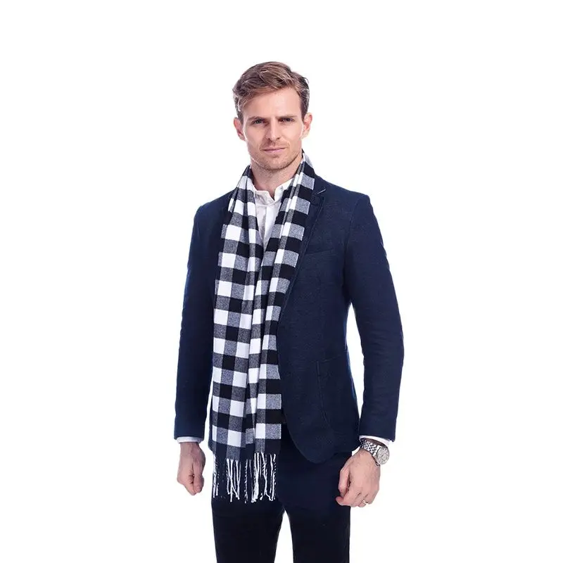 

Winter New Mens Warm Soft Cashmere Wool Plaid Tartan Scarf Checked Scarf Black A3A17529