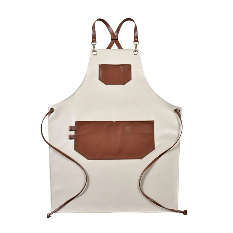 Beige PU Apron Crossback Strap Barista Bartender Pastry Chef Cafe Bistro BBQ Grill Uniform Florist Barber Carpenter WorkWear D90