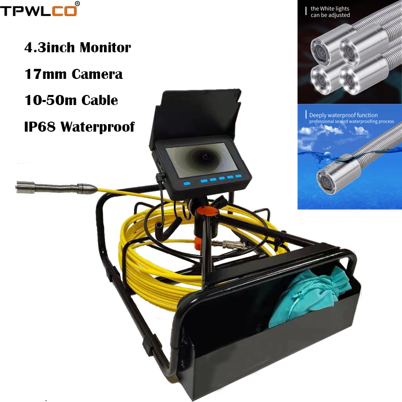 

Sewer Drain Endoscope Video Waterproof Camera System 10-50m Cable 4.3" TFT Color Screen 17mm Pipeline Surveillance Camera