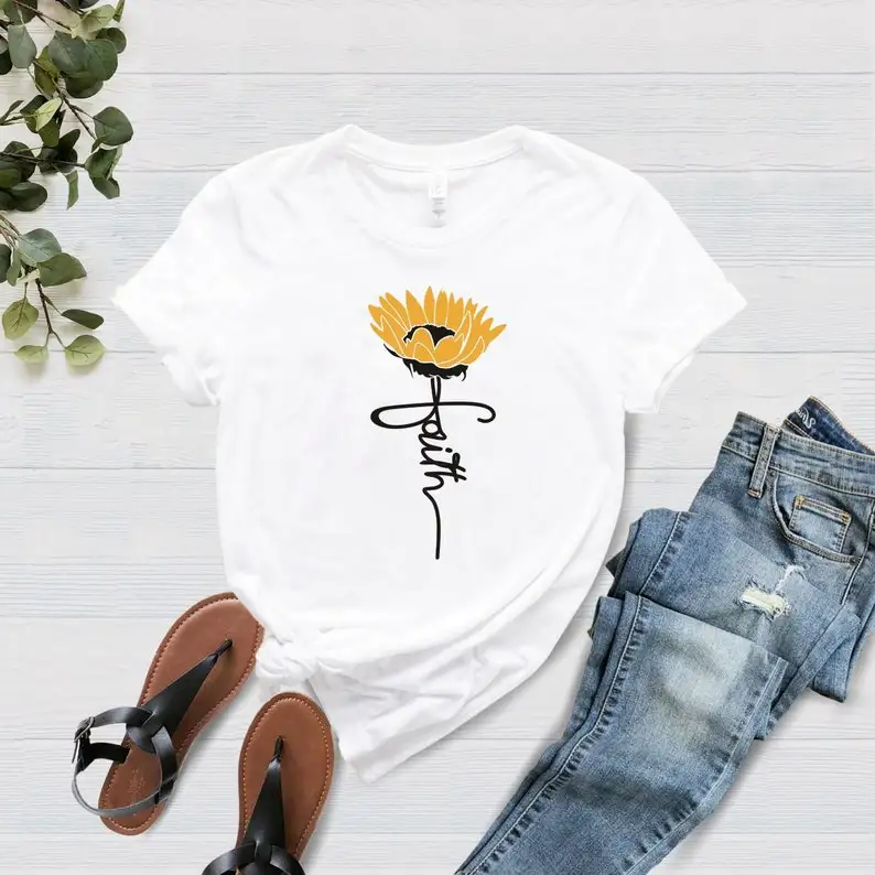 Faith Christian Faith Vertical Cross Religious Church Disciple Love Grace Sunflower Cotton Neck Female Short Sleeve Unisex y2k