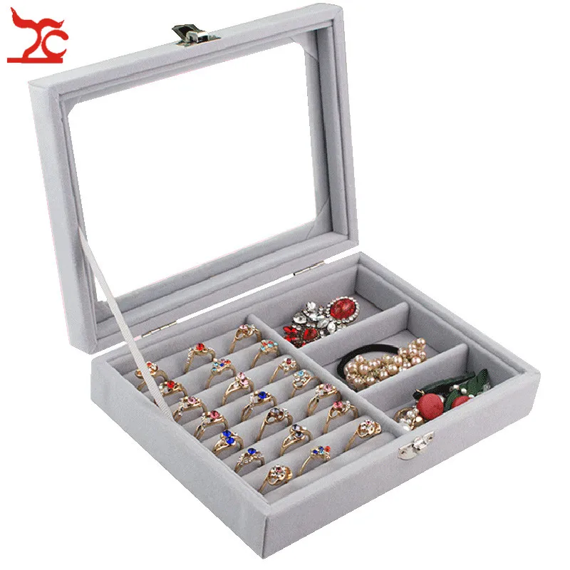 

Grey Velvet Glass Jewelry Display Box Jewelry Tray Holder Casket Storage Organizer Earrings Ring Box 20.3*15*4.2cm