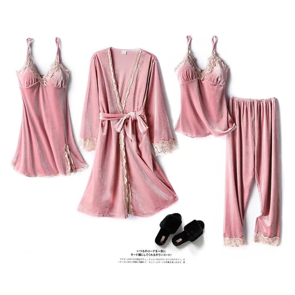 

Autumn/Winter Velvet Nightdress With Long Sleeves And Sexy Golden Velvet Four-Piece Long Pajama Suit Lounge Intimate Lingerie