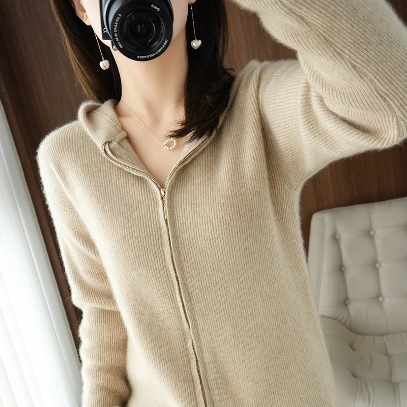 2021 Spring Autumn New Womens 100% Cashmere And Wool Cardigan Fashion Colors Female Knitted Hooded Large Size Soft Knitte Class