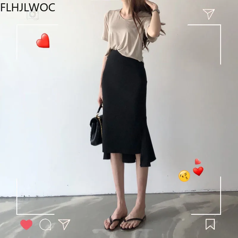 Hot sprzedaży nowy projekt Chic Korea moda kobiety urząd Lady solidna czarna Iregular spódnica z wysokim stanem długie rozcięcie szczelinowe spódnice ołówkowe