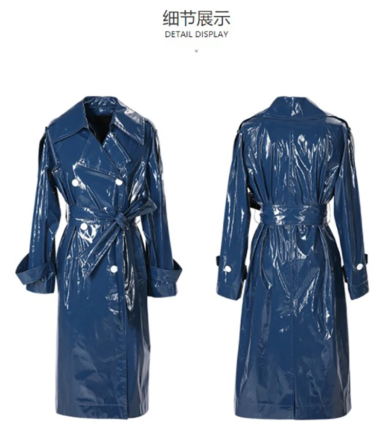 Nerazzurri Spring Autumn Waterproof Long Thin Soft Flowy Shiny Reflective Dark Blue Faux Leather Trench Coat for Women 2025
