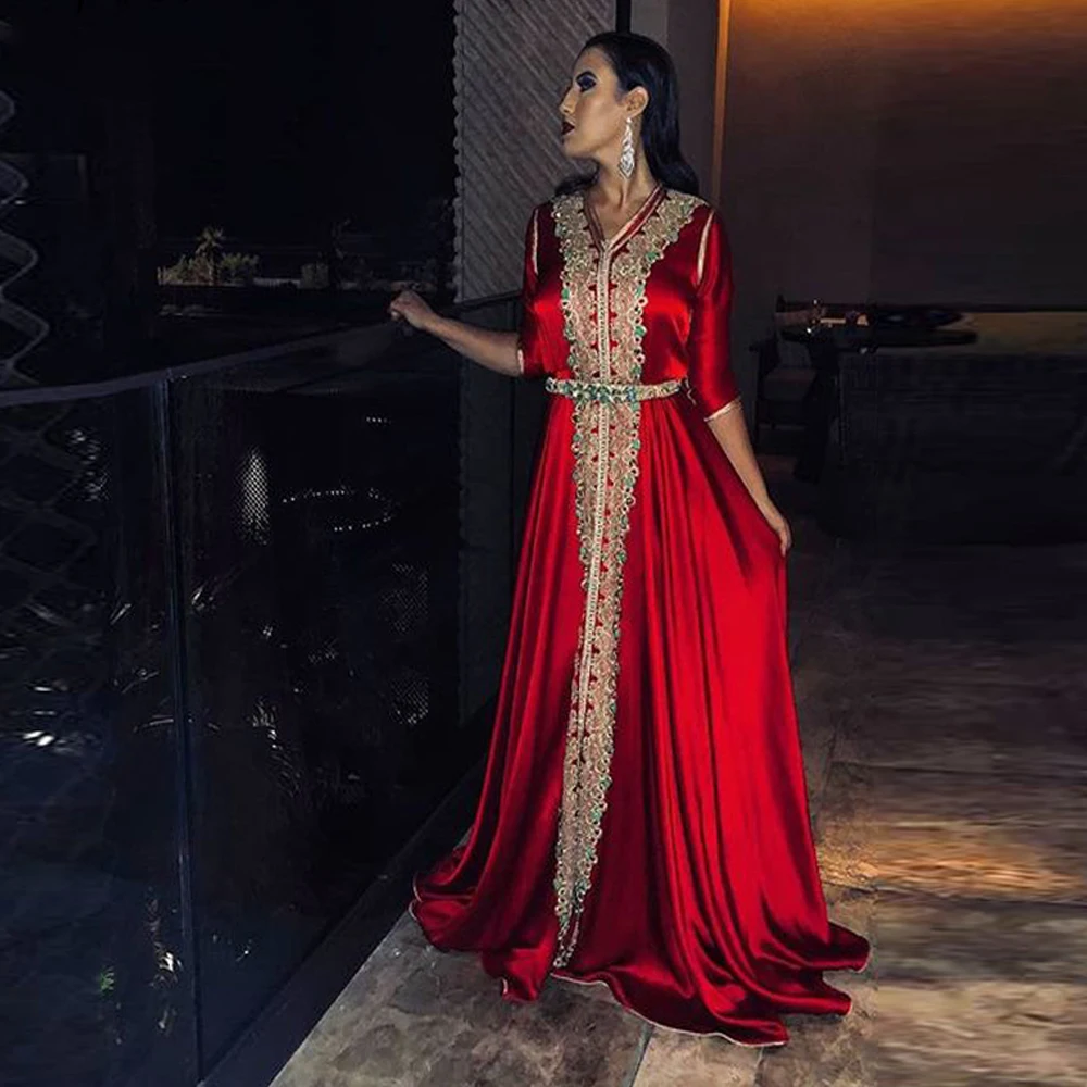 Lorie vestido de noche musulmán rojo satinado, caftán marroquí, encaje dorado, Media manga, Arabia Saudita, vestido de fiesta para ocasiones especiales, hecho a medida