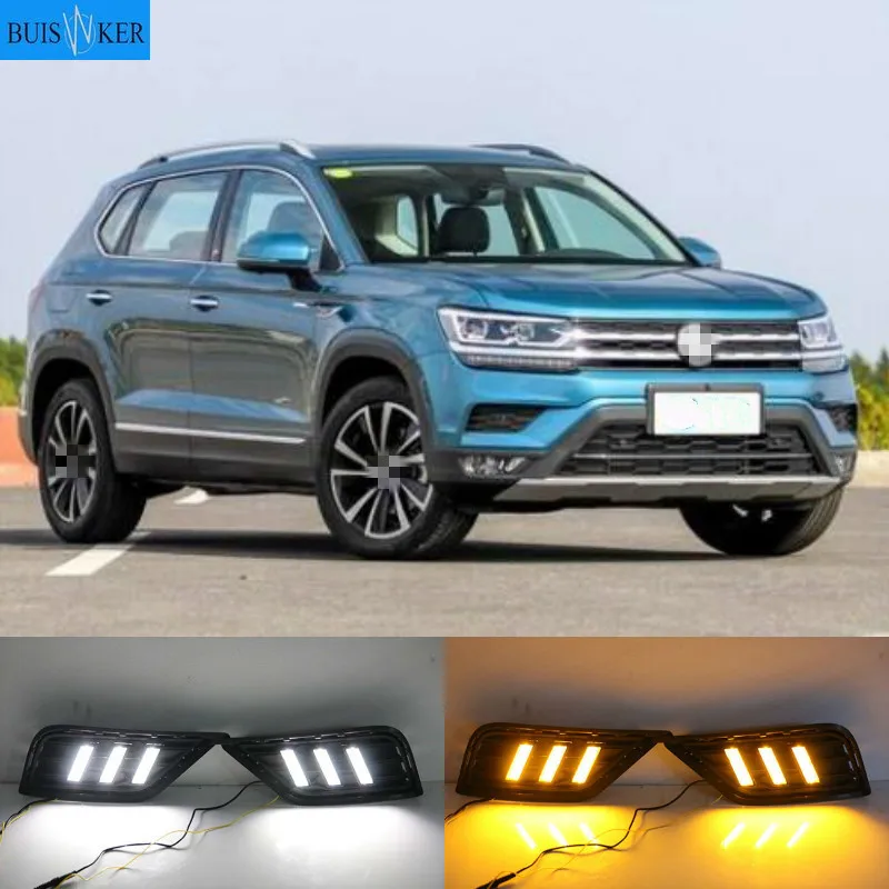 

1Pair For Volkswagen VW Tharu 2019 With Yellow Turn Signal Fog Lamp Cover night blue LED DRL Daytime Running Light Daylights