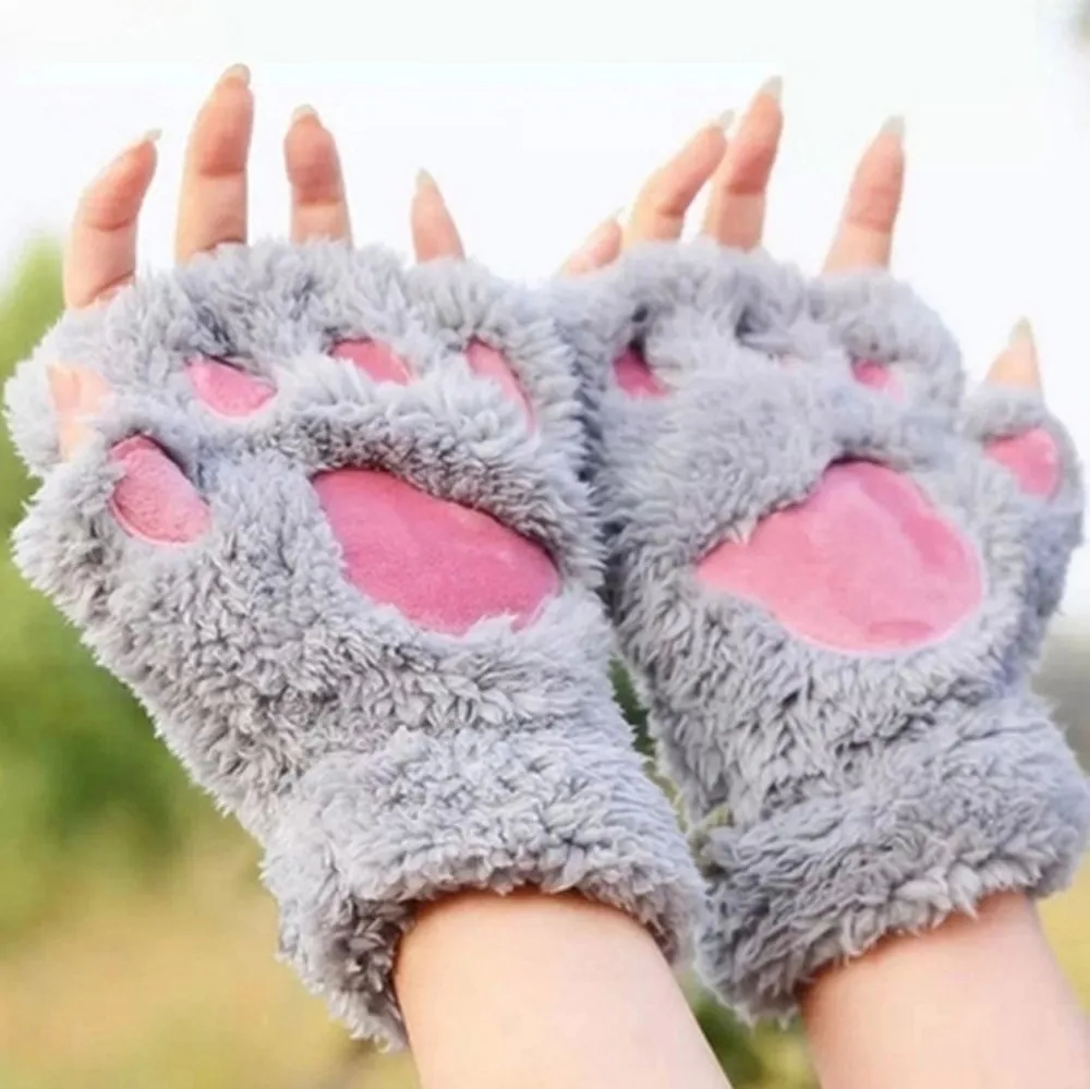 Women Bear Plush Cat Paw Claw Gloves Winter Faux Fur Kitten Fingerless Mittens Warm Gloves Christmas Halloween Gift for Girls YL