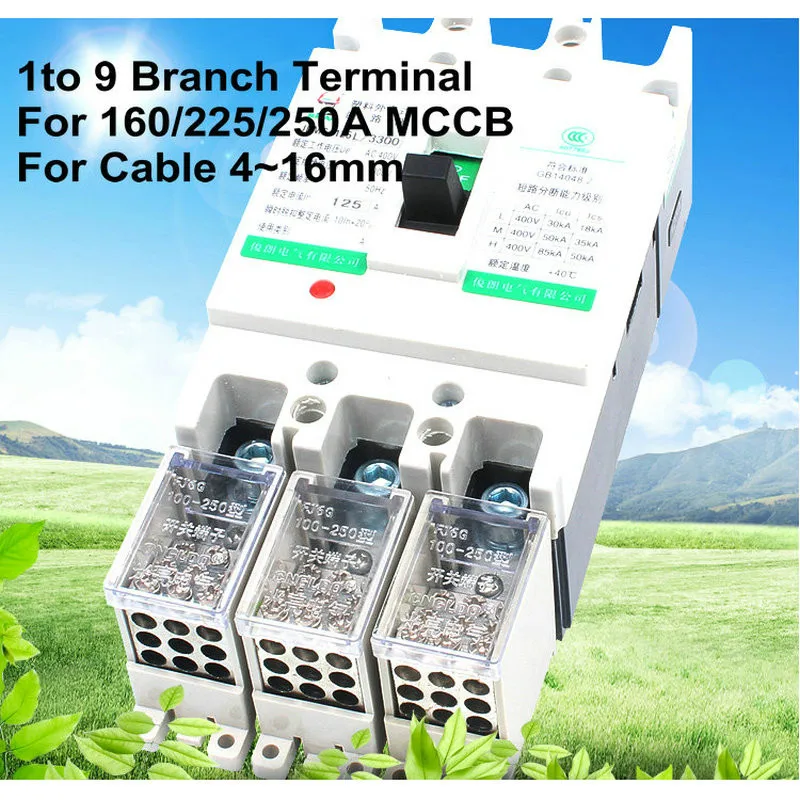 

3 pcs/lot 1 to 9 Branches Terminal Block Circuit Breaker distribution Box for 250A MCCB 4-16MM2 Universal Wire Connector