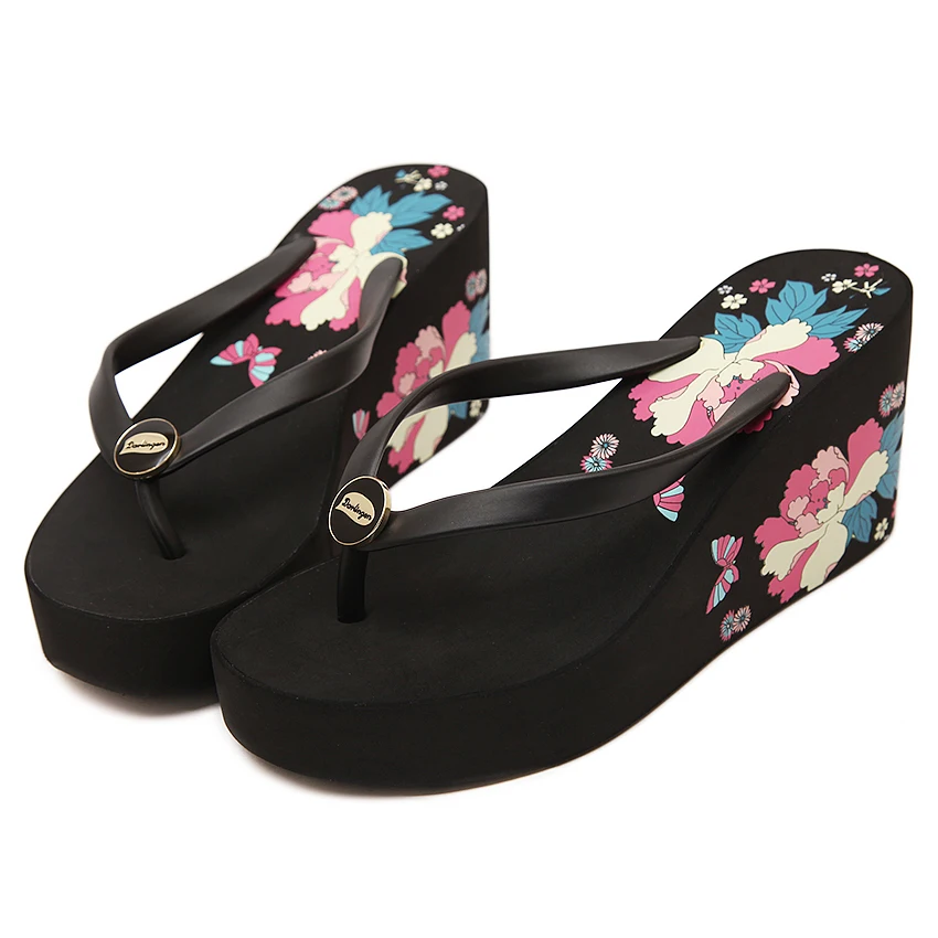 Elegant Flower Pattern Wedge Herringbone Female Flop-Flip Vacation Leisure Beach Outdoor Simple Lady Style Slippers