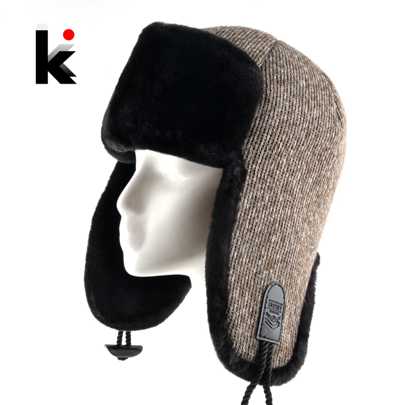 Knitted Bomber Hat For Men Winter Faux Fur Earflap Beanies Outdoor Warm Double Layer Snow Hats High Quality Men\'s Thick Gorras