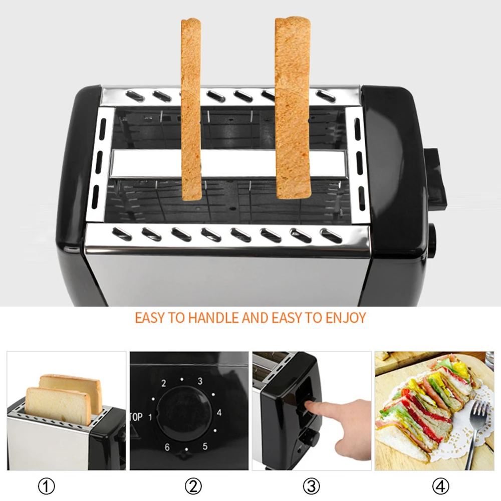 Household Automatic Bread Toaster Fast Heating 2 Slices Slots Bread Maker Cooking Stainless Steel Baking Breakfast Machine 750W