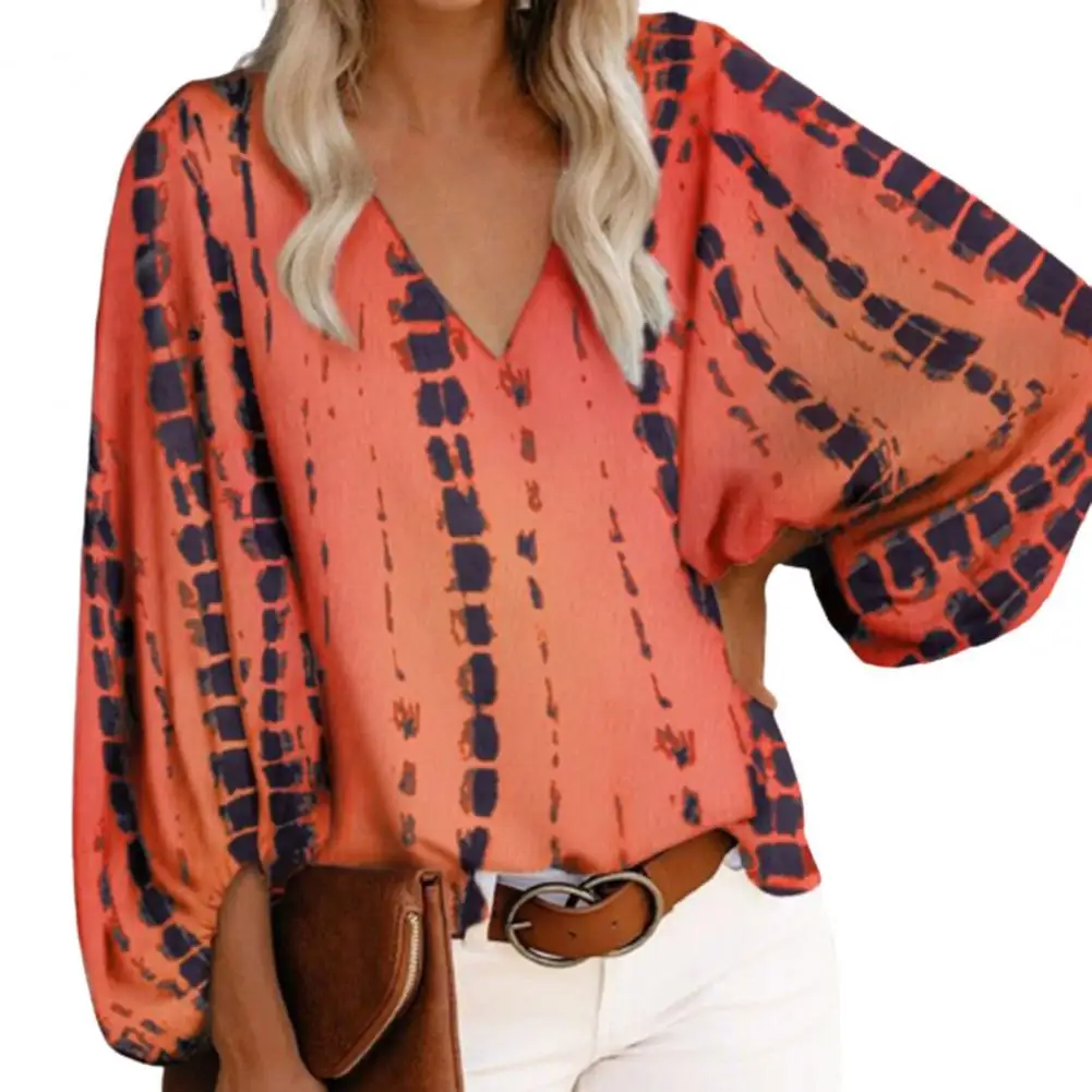 Vintage Blouse Women Boho Printed Casual Loose Long Lantern Sleeve V-neck Shirt Vintage Streetwear Plus Size 2XL Clothing