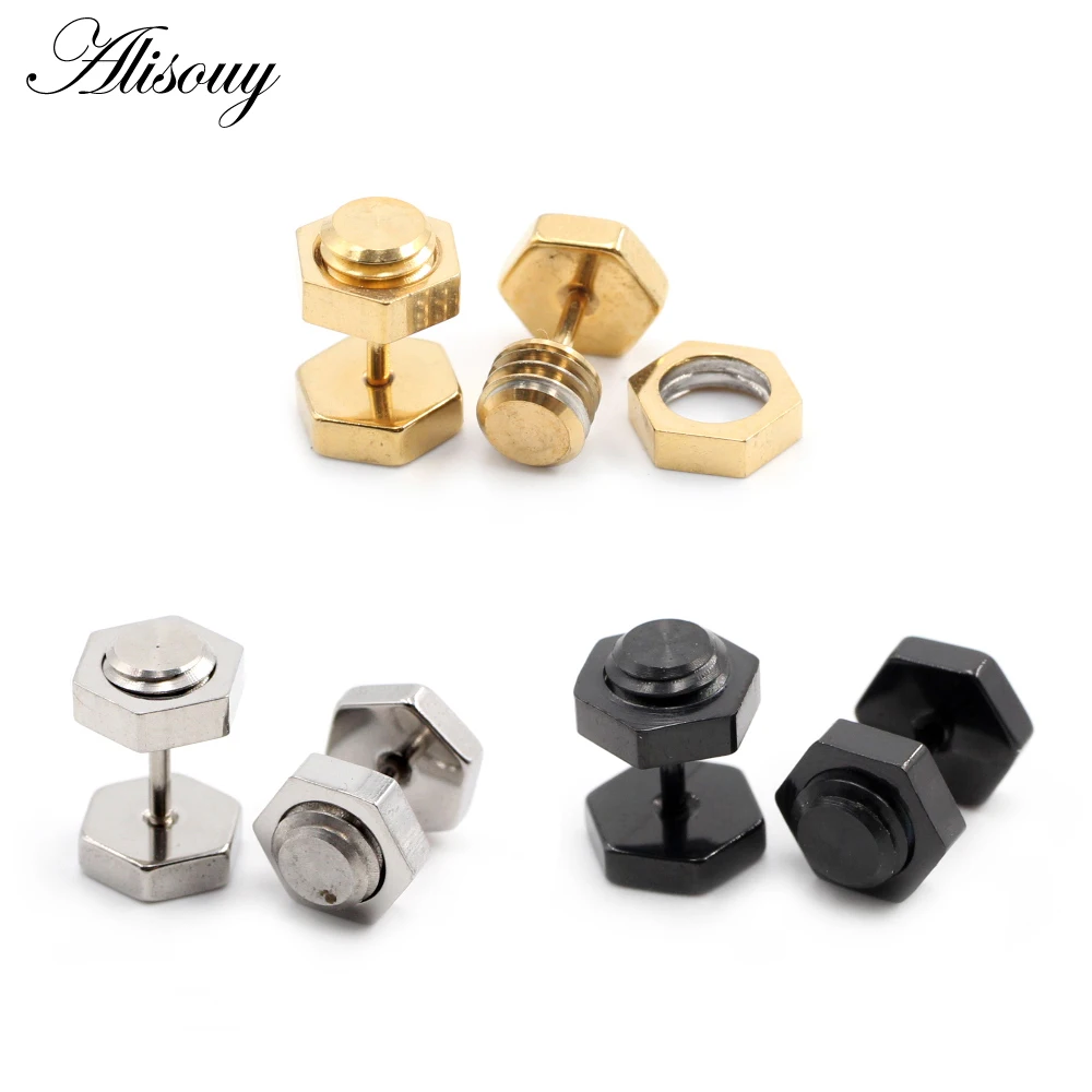 Alisouy 2pcs New Unisex Gothic Punk Rock Stainless Steel Hexagon Nail Screw Women Men Ear Stud Earrings Piercing Body Jewelry