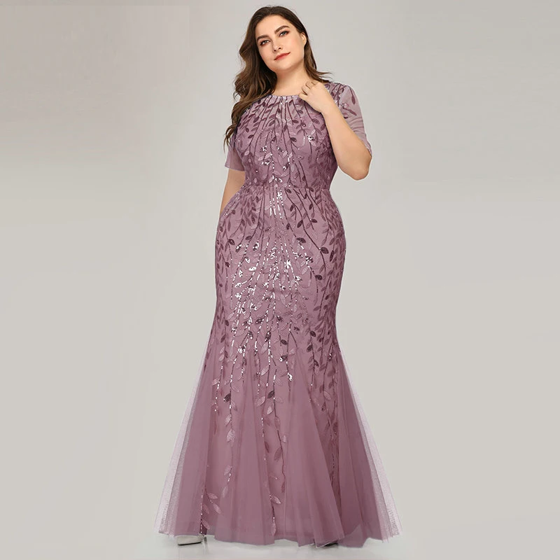 2023 plus size lantejoulas malha sereia vestido de noite fino frisado folhas padrão formal feminino elegante festa de formatura vestidos manga curta