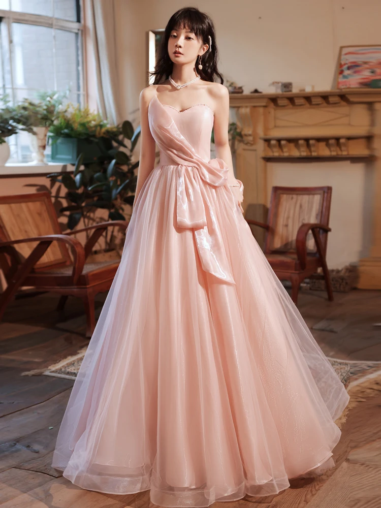 Robe de soirée longue rose sans bretelles, Sexy, dos nu, à lacets, tenue de soirée de princesse, Slim, trapèze, pour femmes