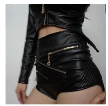 

Sexy Nightclub Bar Performance Dancer Singer Stage Wear Female Black Leather High-waist Shorts White Zipper Jazz Dance PU Shorts