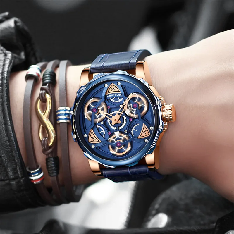 

Trendy Men's Watch Fashion Waterproof Sports Watches Mechanical Wind Hollow Casual Watch Leather Men's Military Quartz Watch