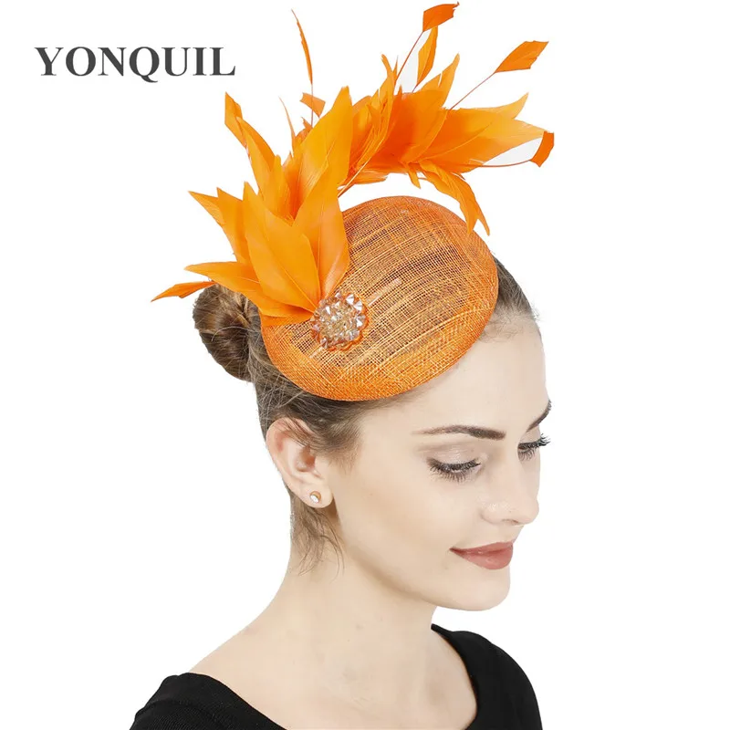 

Sinamay Wedding Mesh Feathers Millinery Hat Orange Linen Fascinator Female Accessories Elegant Headpiece High Quality