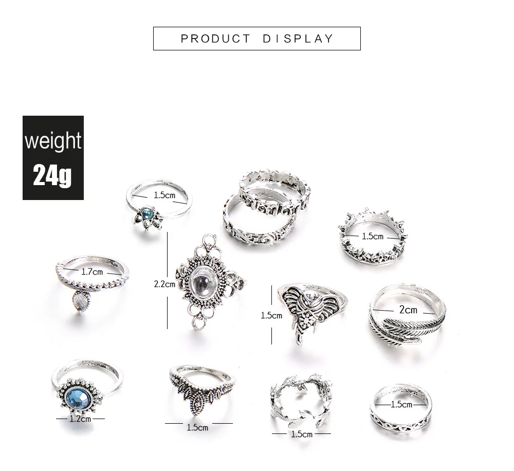 12pcs/Set Fashion Elephant Knuckle Rings Set For Women Crystal Stone Feather finger Ring Female Boho Party Jewelry Gift