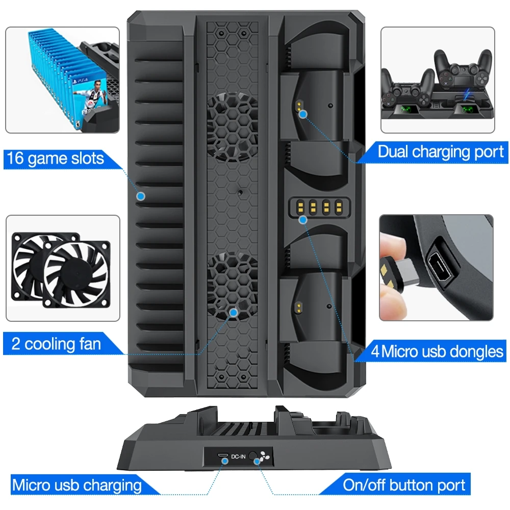 PS4 Slim/PS4 Pro/PS4 컨트롤러 용 Playstation 4/PS4 용 냉각 팬이 장착 된 이중 냉각 스테이션 PS4 액세서리 용 슬림 스탠드