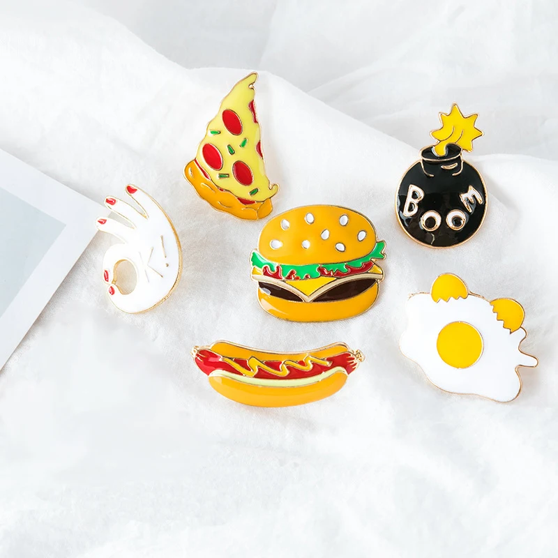 Foods French fries Boom OK Hamburger Chicken Leg Egg Pizza Hot Dog Brooch Pins Clothing Backpack Jacket Pin Badge Jewelry Gifts