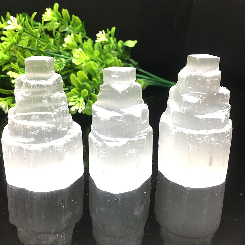 1PC Natural Selenite Lamp White Gemstones Ice Berg Hand Carved Lamp Around Crystal Ore Ornaments Craft Reiki Home Decor Collect