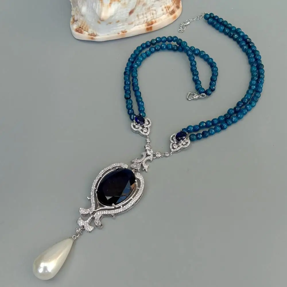 Y·YING 2 Rows Blue Agate Necklace Blue Crystal White Sea Shell Pearl Pendant 19\